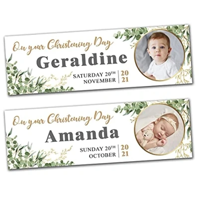 Image of 2 Personalised Christening Banner Baptism Naming Day Photo Baby Party Decoration Shower 1st Birthday First Communion