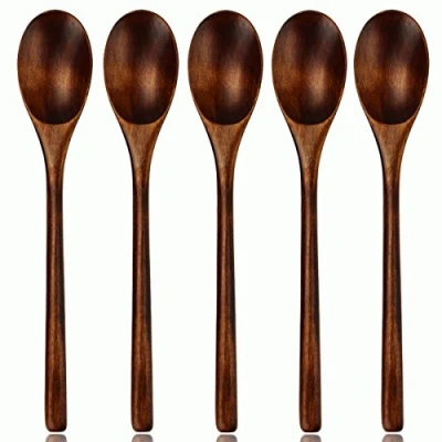 Image of AOOSY Wooden Spoon, 5 Piece Janpanese Style Kitchen Utensil Long Handle Nanmu Wood Soup Spoons Set for Eating Mixing Stirring Cooking with Box