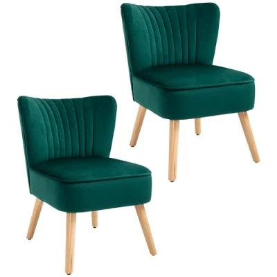 Image of HOMCOM Velvet Accent Chair Occasional Tub Seat Padding Curved Back with Wood Frame Legs Home Furniture Set of 2 Green