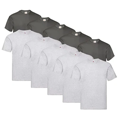 Image of Fruit of the Loom Men&#039;s Original T. T Shirt (Pack 10), 5 x Grey + Graphite 1 Hl Purchase Notepad, XL