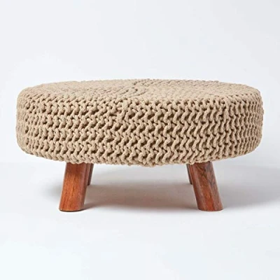 Image of HOMESCAPES Linen Knitted Pouffe Footstool Occasional Seat 100% Cotton for Living Room Children or the Elderly