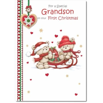 Image of doodlecards Grandsons 1st First Christmas Card Two Cute Bears on Sled Large A4 Size for with Plain Envelope