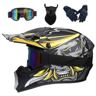 Image of Dirt Bike Motocross Helmets with Goggles Gloves Face Mask, 4PCS Set, Men Women Full Motorcycle Helmet Mountain Off Road Helmets, DOT Approved ATV Helmet(Yellow,L(56 57cm))