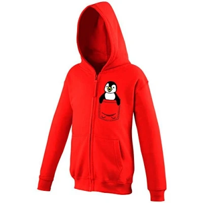 Image of Youth Kids Childrens Zip Up Hoodie Penguin Cute Animal Pocket Print Red 12 13 Years (XL)