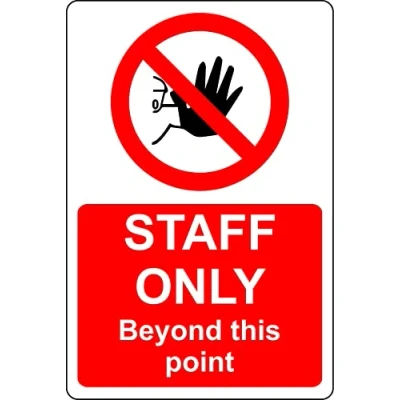 Image of Staff only beyond this point Safety sign Self adhesive sticker (300mm x 200mm)