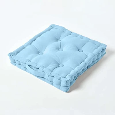 Image of HOMESCAPES Plain Blue 100% Cotton Floor Cushion Medium Cornflower 40 x 8 cm Square Indoor Garden Dining Chair Booster Seat Pad
