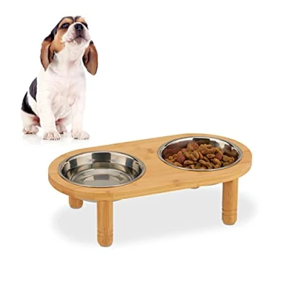 Image of Relaxdays Feeding Station for Small Dogs, 2 Bowls, 300 ml, Raised, Bamboo, Stainless, HWD: 9.5x34.5x18cm, Natural/Silver, Stainless Steel