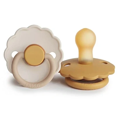 Image of FRIGG Daisy Latex Pacifier Pack of 2 Natural Rubber Soother Dummy BPA Free Made in Denmark Symmetrical Cherry Shaped Nipple (Chamomile/Honey Gold, Size 1 (0 6 Months))
