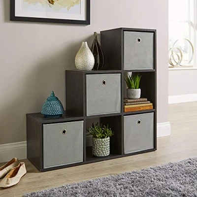 Image of Home Source Step Style Storage 6 Cube Bookcase Wooden Display Staircase, Black
