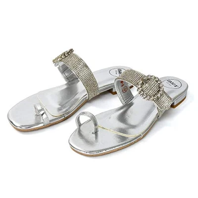 Image of Womens Diamante Sandals Ring Toe Post Ladies Slip On Flat Holiday Summer Rhinestones Slider Shoes Size 3 8 Silver