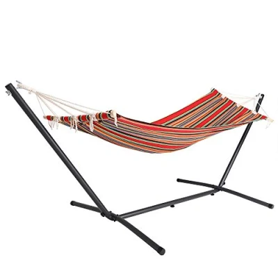 Image of Hammock Freestanding 295cm Metal Frame Stand Outdoor Patio Garden Standing Sun Day Bed 100 kg Capacity Terrace Balcony Summer Swinging Travel Red