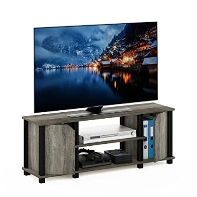 Image of Furinno Stand, TV Unit, Entertainment Center with Shelves and Storage, Engineered Wood, French Oak/Black, 111.3(W) x 40.6(H) 29.7(D) cm