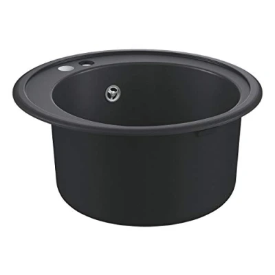 Image of GROHE K200 Quartz Composite Kitchen Round Sink with Overflow (Top Mount, 1 Bowl Ø 380 x 200 mm, Waste Kit, Basket Strainer Waste, Mounting Set), Dimensions 510 Granite Black, 31656AP0