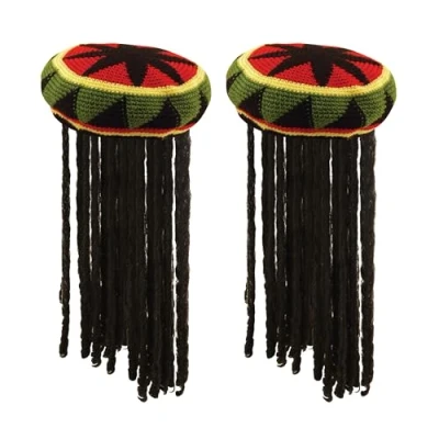 Image of Lizzy 2 x Adult&#039;s Jamaican Hat with Hair Onesize Knitted Rastafarian Caribbean Rasta Beanie Fancy Dress Headwear Theme Party outfit Accessories