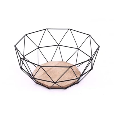 Image of Black Geometric Metal Wire Wooden Base Decorative Storage/ Display Basket Fruit Bowl