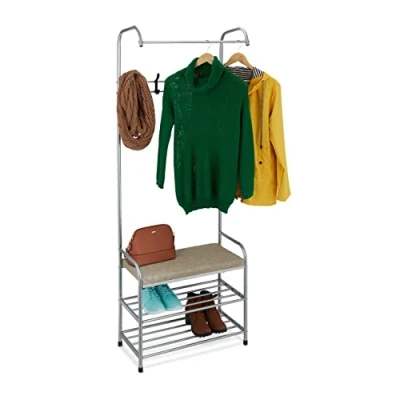 Image of Relaxdays Coat Rack with Shoe Shelf &amp; Bench, made of Metal, Free Standing, 4 Hooks, HWD: 173 x 64 30 cm, Grey, Steel