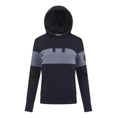 Image of LeMieux Jade Pop Over Soft Brushed Back Sweat Fabric Kangaroo Pocket 3D Chest Graphic and Sleeve Badge Colour Block Navy UK 8