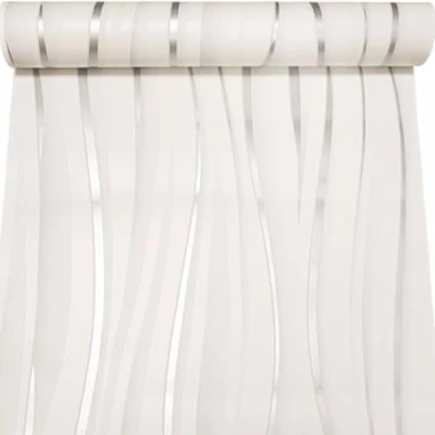 Image of SOPHIE LAURENCE White &amp; Silver Wave Textured Effect Wallpaper Quality Paper, Washable, 5.3sqm Coverage, 0.53m x 10.05m Roll, Modern Metallic Finish for Any Room
