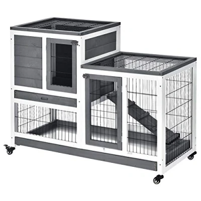 Image of PawHut Wooden Indoor Rabbit Hutch Guinea Pig House Bunny Small Animal Cage W/Wheels Enclosed Run 110 x 50 86 cm, Grey