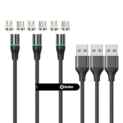 Image of NetDot Gen12 Magnetic Fast Charging and Data Transfer Cable with LED Compatible Micro USB C Phones (1 m/3 Pack Black)