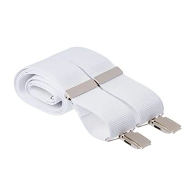 Image of White Plain Trouser Braces Ribbed Elastic 35mm 4 Silver Clips 44 Inches Long (Standard Long, White)