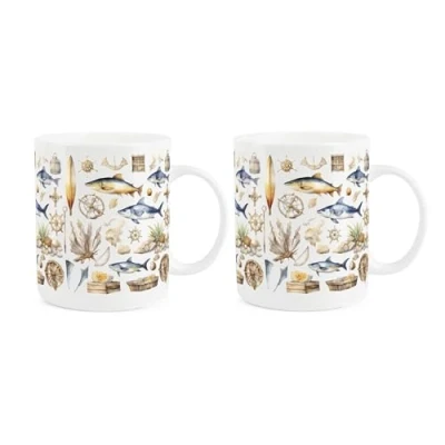 Image of Purely Home Seaside Maritime Aquatic Mugs Set Sailing Fishing Diving Gift Present Tea Coffee White Bone China Mug Pack of 2