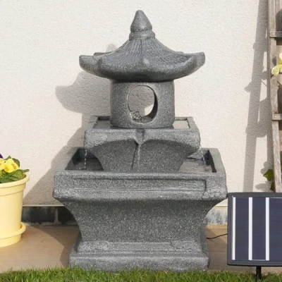 Image of Festive Lights 70.5cm Grey LED Lit Hybrid Stone Effect Pagoda Temple Water Feature Solar, USB &amp; Mains Powered, Indoor Outdoor Garden Fountain, Timer Function, Polyresin, External Panel, IP44 Rated