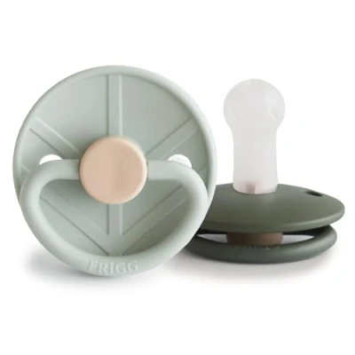 Image of FRIGG Little Viking Silicone Pacifier Pack of 2 Pacifiers Soother Dummy BPA Free Made in Denmark Symmetrical Cherry Shaped Nipple (Sage/Olive, Size (6 18 Months))