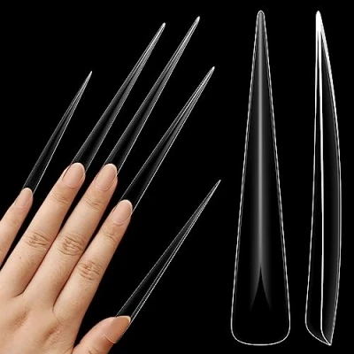 Image of NOVO OVO Extra Super Extreme Long Stiletto Nail Tips, 5XL XXXXXL Clear Full Cover French Tips False Fake Extension, Sharp Fishbone Arrow Head Nails for Professional Acrylic 120 pcs 12 Sizes