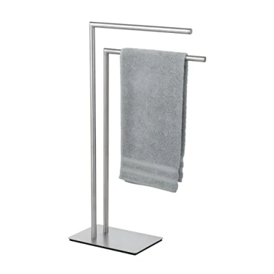 Image of WENKO Recco towel rack, free standing rack of satin stainless steel with heavy base plate for secure stand, two bars storing towels, 48 x 80.5 20 cm