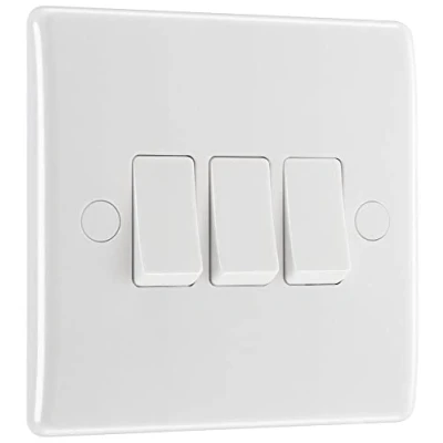 Image of BG Electrical Triple Wall Light Switch, 2 Way, Round Edge, Nexus 800 Series, White Moulded, 20A, 16AX, 843