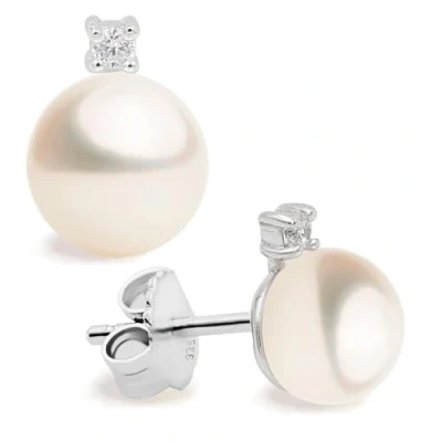 Image of Women Pearl Stud Earrings, Fresh Water Cultured Pearls Button Shape 8 9 mm with a Small Zirconia Stone Secret &amp; You Sterling Silver 925 Mounts big nuts.