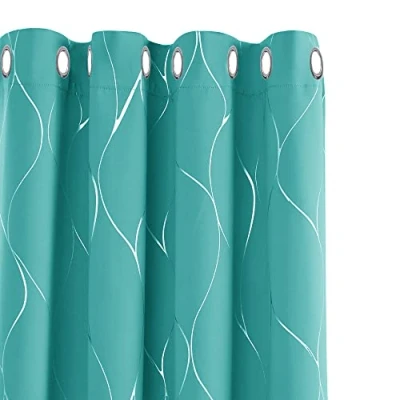 Image of Deconovo Eyelet Blackout Curtains, Thermal Insulated Silver Wave Line Foil Printed Curtains for Living Room, 46 x 72 Inch(Width Length), Turquoise, one pair