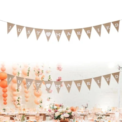 Image of JUST MARRIED Burlap Banner Brown Wedding Bunting Fabric Triangle Flags with 12PCS Jute Pennants Vintage Cloth Rustic Linen Garlands for Party Engagement Decoration
