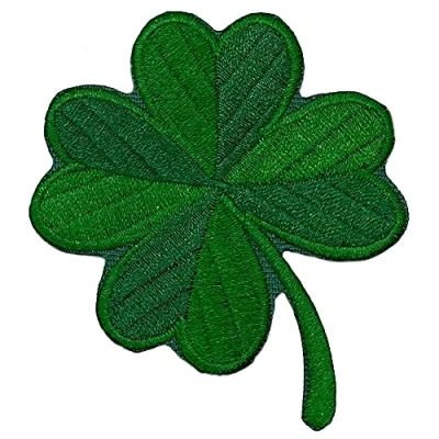 Image of Irish 4 Leaf Clover Iron on Patches for Clothes. Adhesive Patch 100% Embroidered Clothing. 3&quot;x2.4&quot;