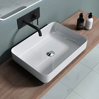 Image of Durovin Bathrooms Stone Resin Bathroom Basin, Ultra Thin Rim No Tap Hole, 550 x 400 Countertop Mount Vessel, Rectangular