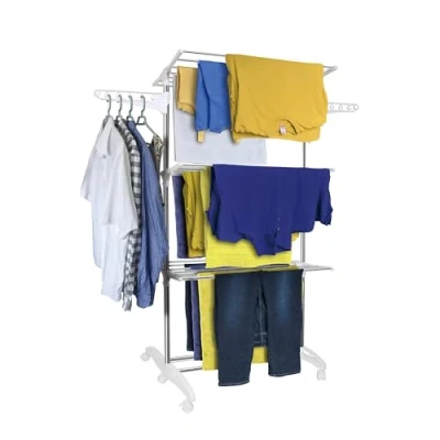 Image of Hyfive Clothes Airer Drying Rack Extra Large 3 Tier Horse Rail Stainless Steel Garment Laundry Dryer Racks Folds Flat For Easy Storage