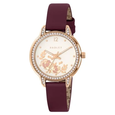 Image of RADLEY Womens Rose Gold Plated Stone Set Floral Cranberry Red Leather Strap Analogue Watch