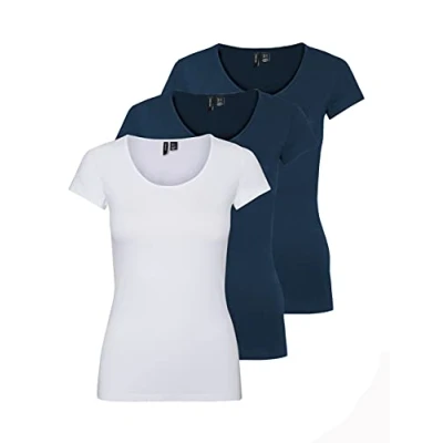 Image of VERO MODA Vmmaxi My SS Noos Women’s Soft Scoop Neck T Shirt, Blue (2 x Insignia Blue/ 1 White), S