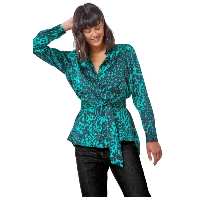 Image of Roman Originals Animal Print Tunic Satin Shirt for Women UK Ladies Autumn Everyday Winter Holiday Collar Neck Comfy Long Sleeve Soft Self Belt Button Fastened Tops Green Size 12