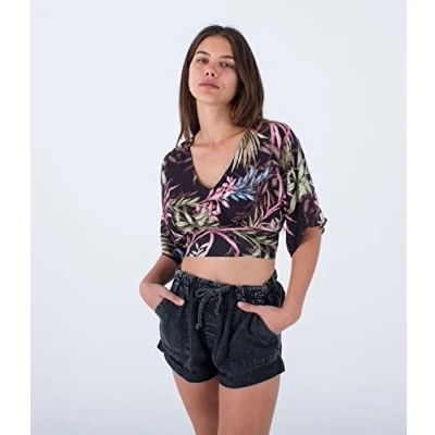 Image of Hurley Women&#039;s Summer Palm Flounce Top Shirt, Black Multi, S
