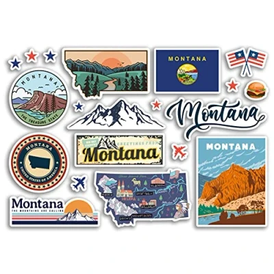 Image of A5 Sticker Sheet Montana Landmarks Vinyl Stickers America States USA American Airport Stamps Skyline Flag Map Travel Holiday Scrapbooking City Luggage #79197