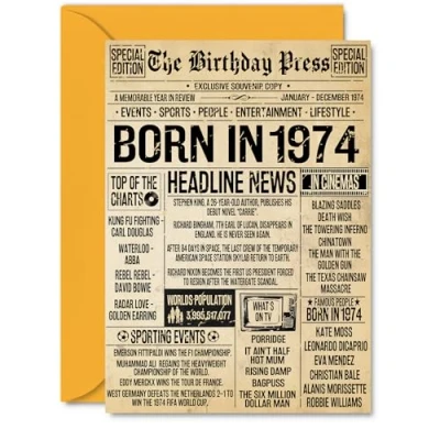 Image of 51st Birthday Card for Men Women Bday Press Newspaper 1974 Happy 51 Cards Auntie Grandma Friend Brother Daughter Sister, A5 Greeting