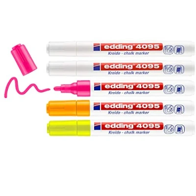 Image of edding 4095 chalk marker pen set white (2x), yellow, orange, pink 5 pens round nib 2 3 mm wet wipe for chalkboards, windows, glass, mirrors liquid opaque coverage