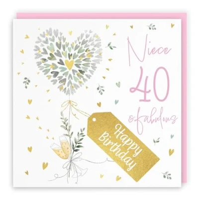 Image of Hunts England 40th Niece Contemporary Hearts Birthday Card Luxury Gold Foil Milo&#039;s Gallery Age 40 Champagne, Pretty For Fabulous Pink Envelope