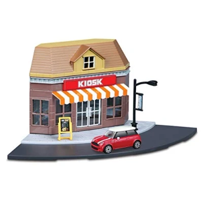 Image of Bburago B18 31506 Street FIRE Kiosk Store Playset with Mini Cooper Die Cast Car 1:43 Scale City Toy Play Set