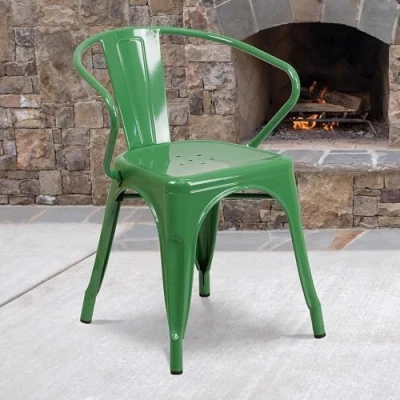 Image of FWStyle Roy Green Set of 4 Metal Dining Chairs Industrial Galvanised Steel, Stackable with Curved Backrest, Indoor Outdoor Kitchen Café Bistro Seating