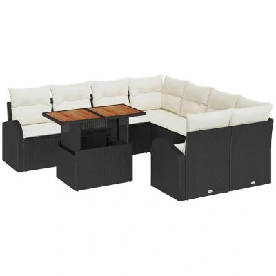 Image of vidaXL 9 Piece Garden Dining Set with Cushions Black Poly Rattan Acacia