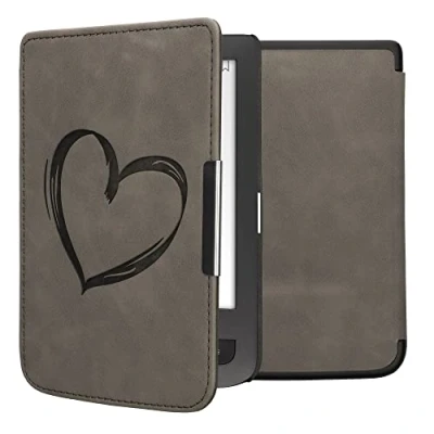 Image of kwmobile Cover Compatible with Pocketbook Touch Lux 3/Basic Lux/Basic 2 eReader Case Brushed Heart Grey