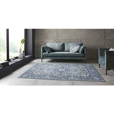 Image of Nouristan Skazar Isfahan Oriental Short Pile Rug 80 x 150 cm sky blue